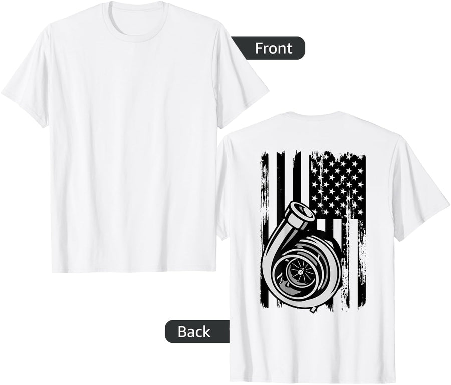Turbo Flag Patriotic American Car Enthusiast Racing Drifting T-Shirt - White