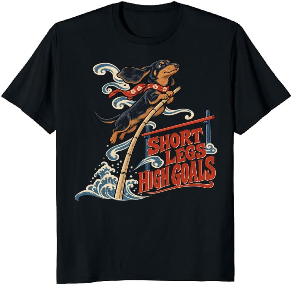 Ukiyo-e Dachshund Pole Vault T-Shirt Dog Lover Graphic Tee - S3