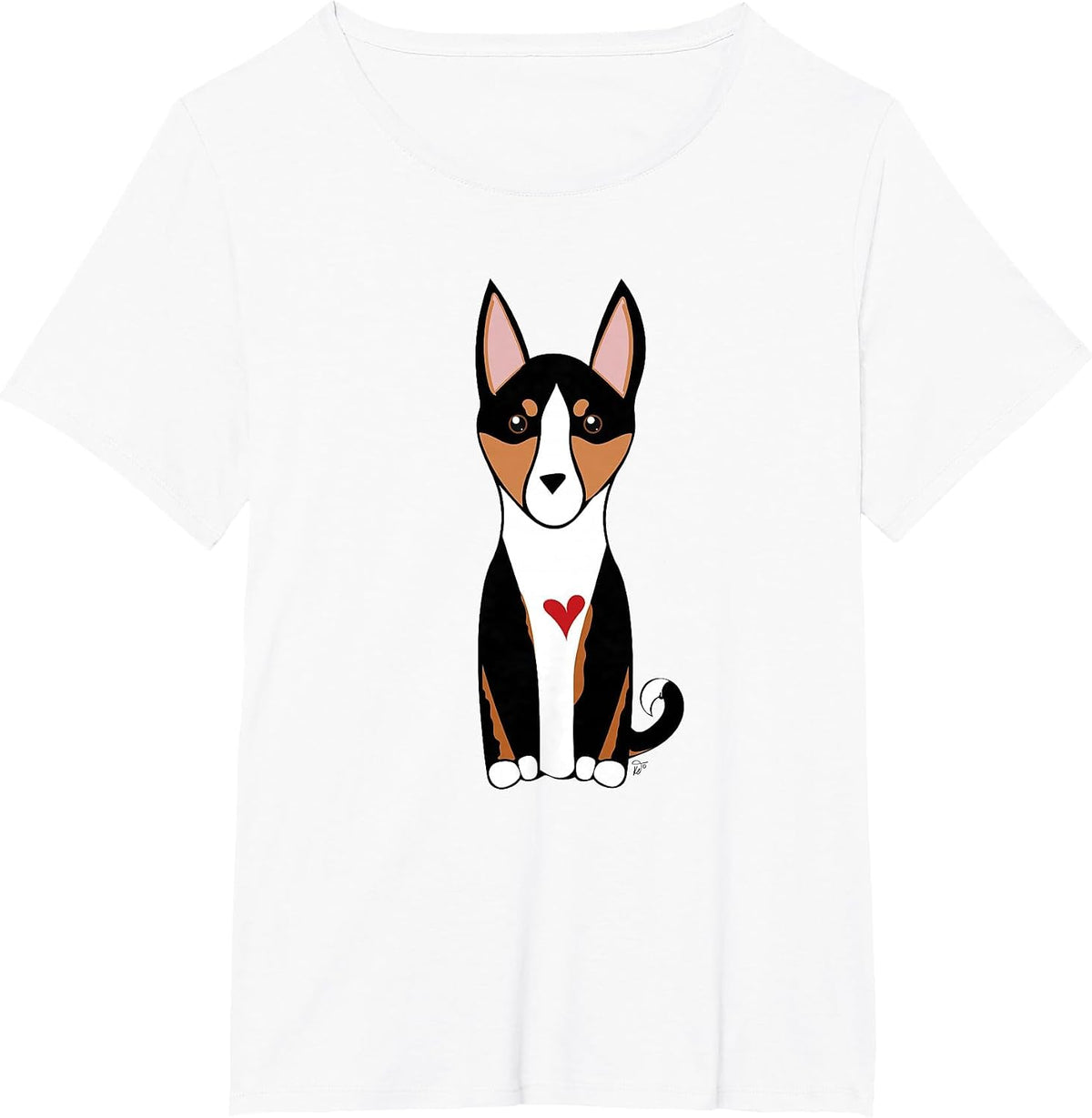 Tricolor Basenji Dog Hound Breed with a Red Heart T-Shirt - White