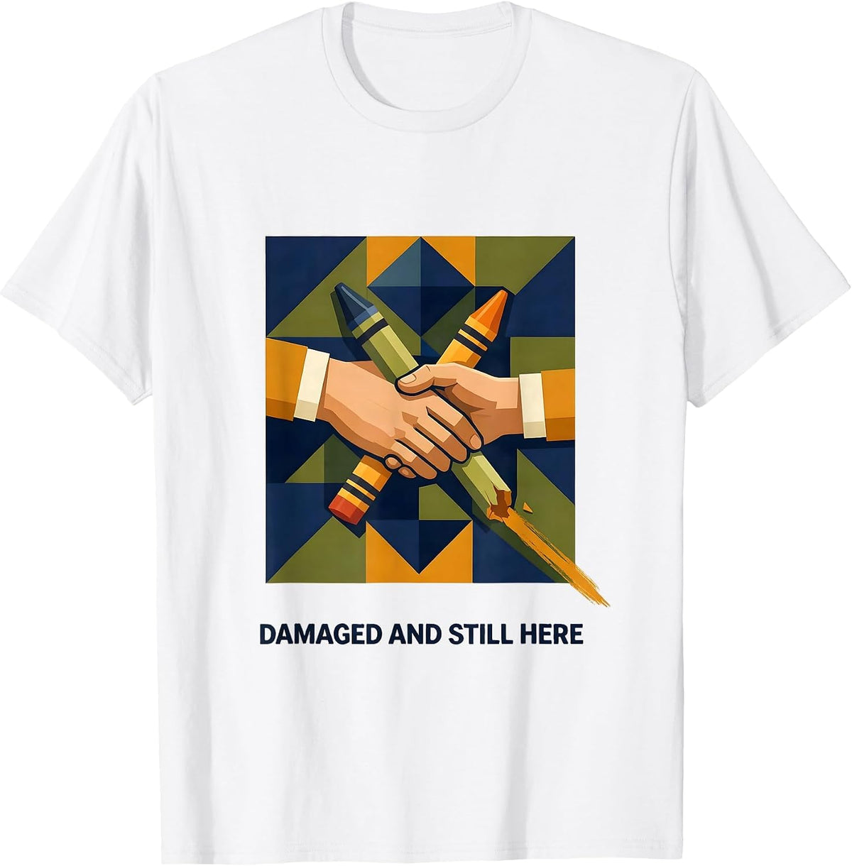 Damaged And Still Here Quilt Patchwork Mental Health T-Shirt - White