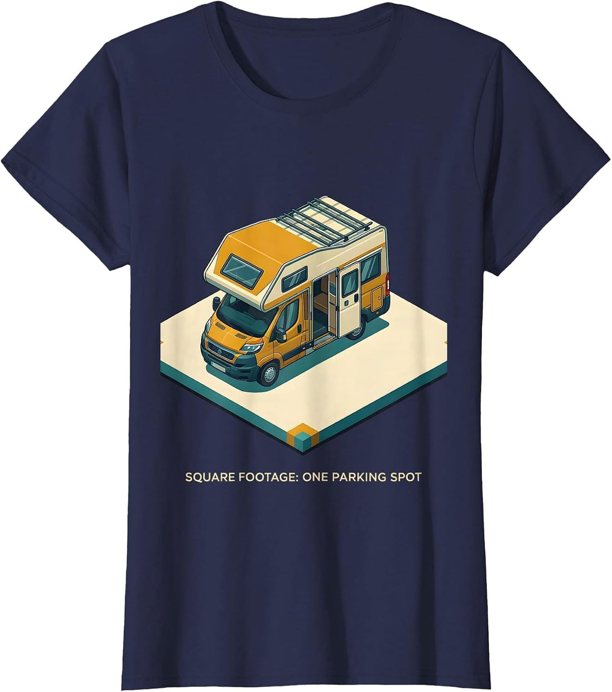 Women's Square Footage: One Parking Spot Retro Van Life Camper Van T-Shirt - Navy Blue