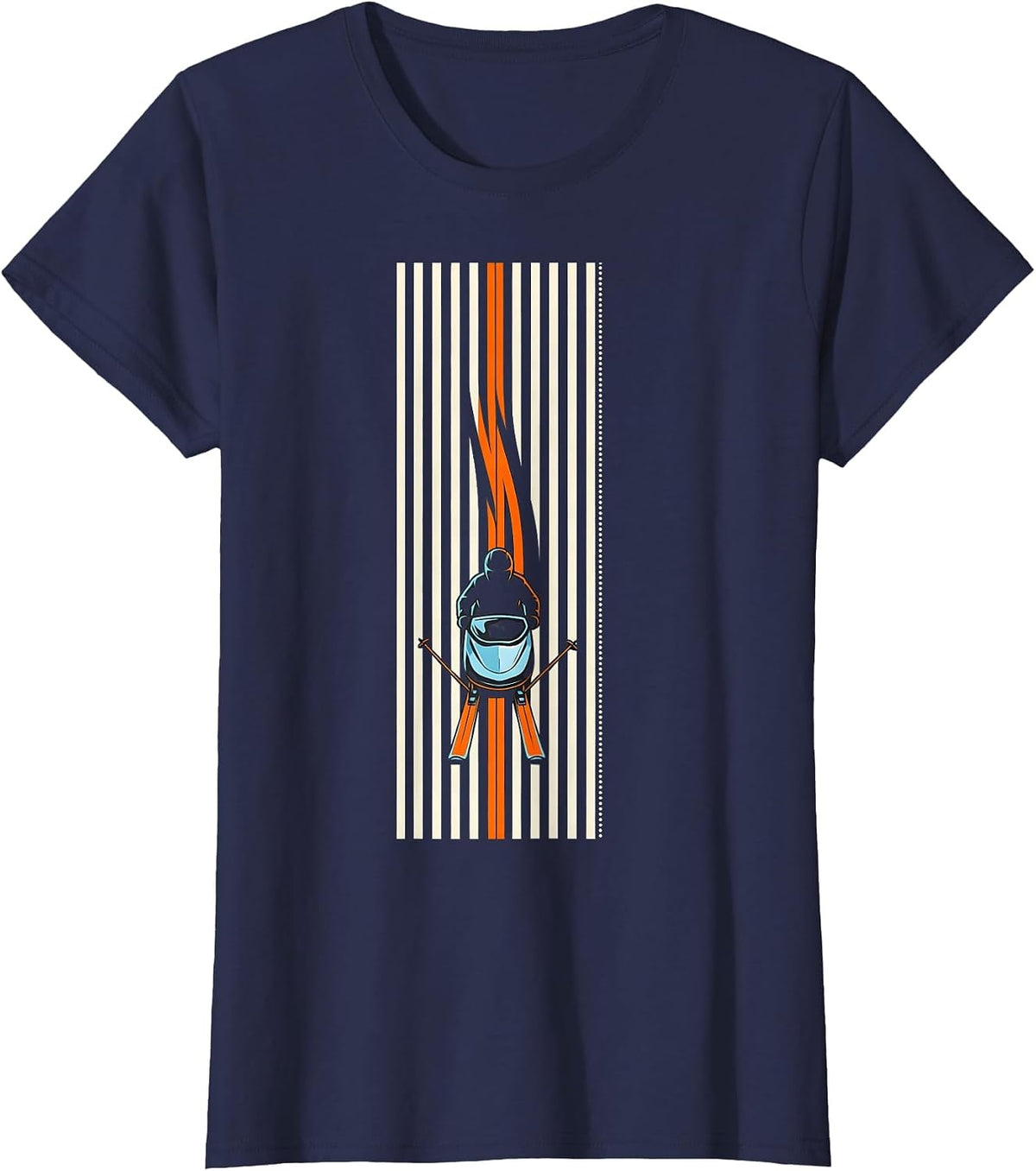 Women's Compact Vertical Stripe Snowmobile Rider Winter Humor T-Shirt - Navy Blue