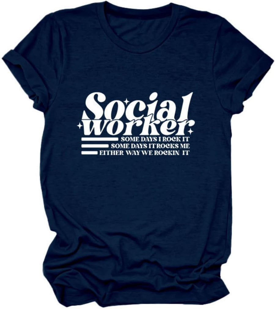 Social Worker Tshirt Women Retro Mental Health Crewneck Graphic Shirt Social Work Month Casual Short Sleeve Tees Tops - Navy