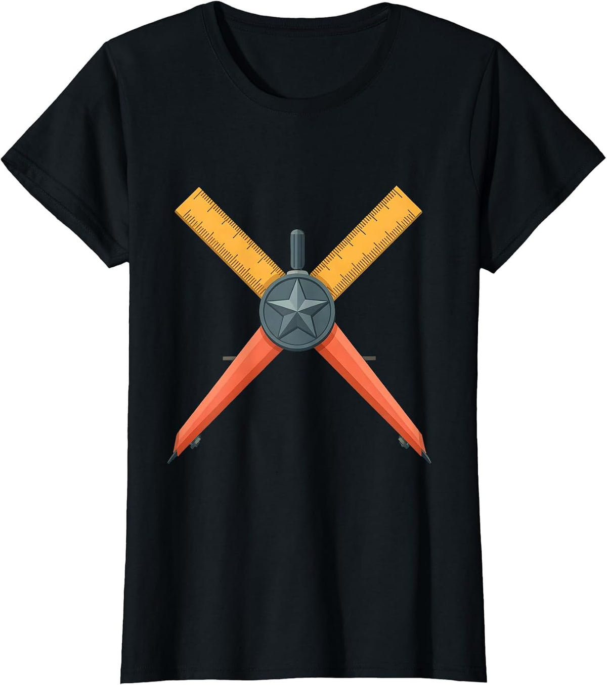 Women's 5th Grade Teacher Ruler Compass Crossed Design T-Shirt - Black