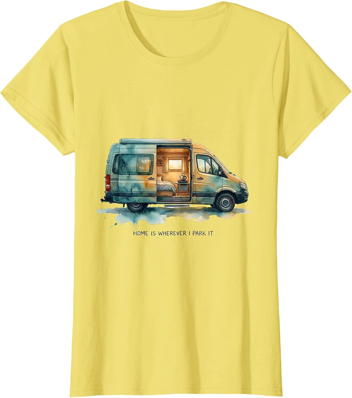 Women's Home Is Wherever I Park It Watercolor Van Life Road Trip T-Shirt - Lemon Yellow