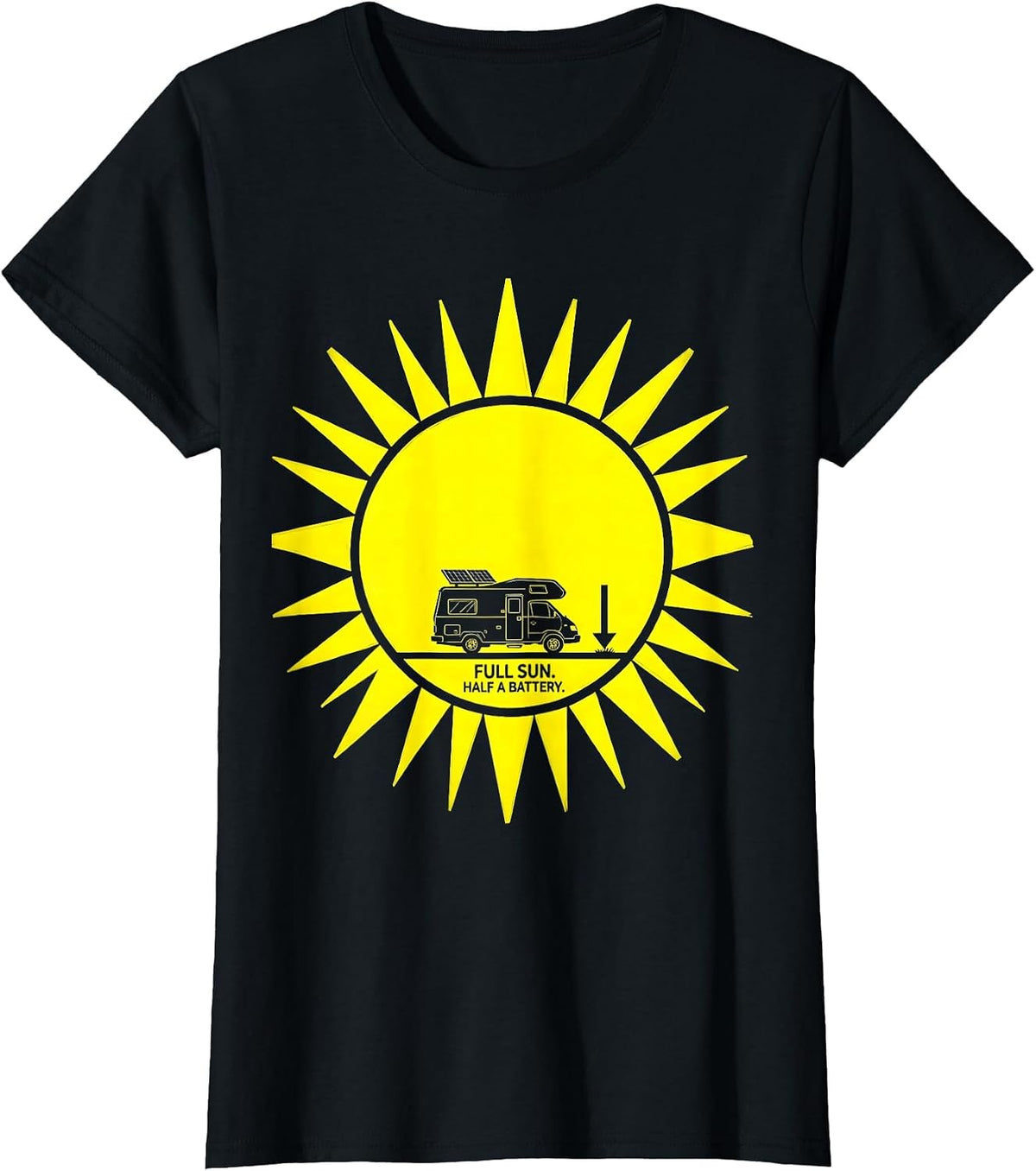 Women's Full Sun Half A Battery Retro Van Life Nomad Travel Pride T-Shirt - Black