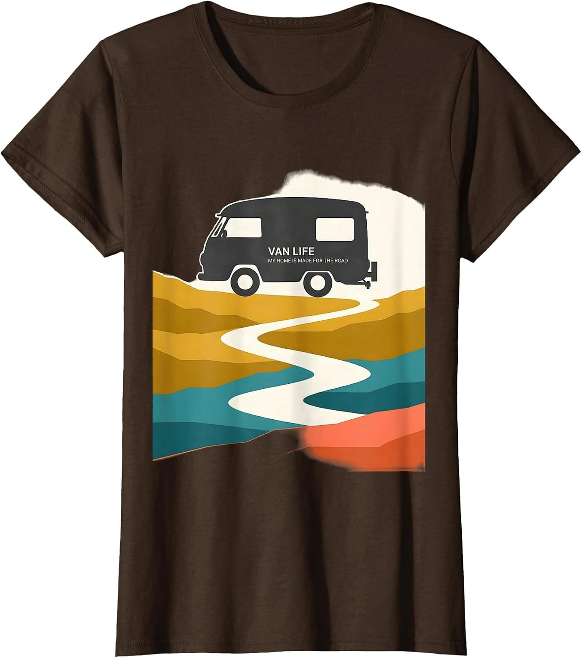 Women's Van Life My Home Is Made For The Road Retro Camper Vanlife T-Shirt - Brown