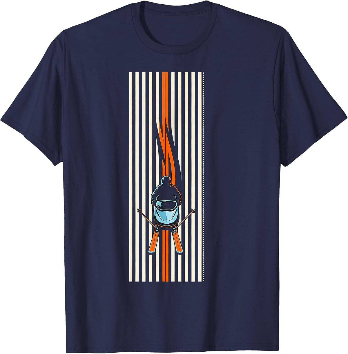 Men's Compact Vertical Stripe Snowmobile Rider Winter Humor T-Shirt - Navy Blue
