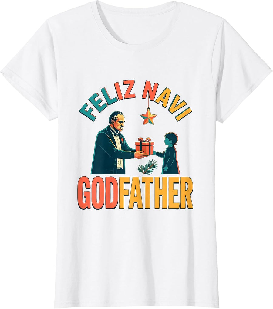 Women's Feliz Navi Godfather Funny Christmas Dad Pun Ugly Sweater T-Shirt - White