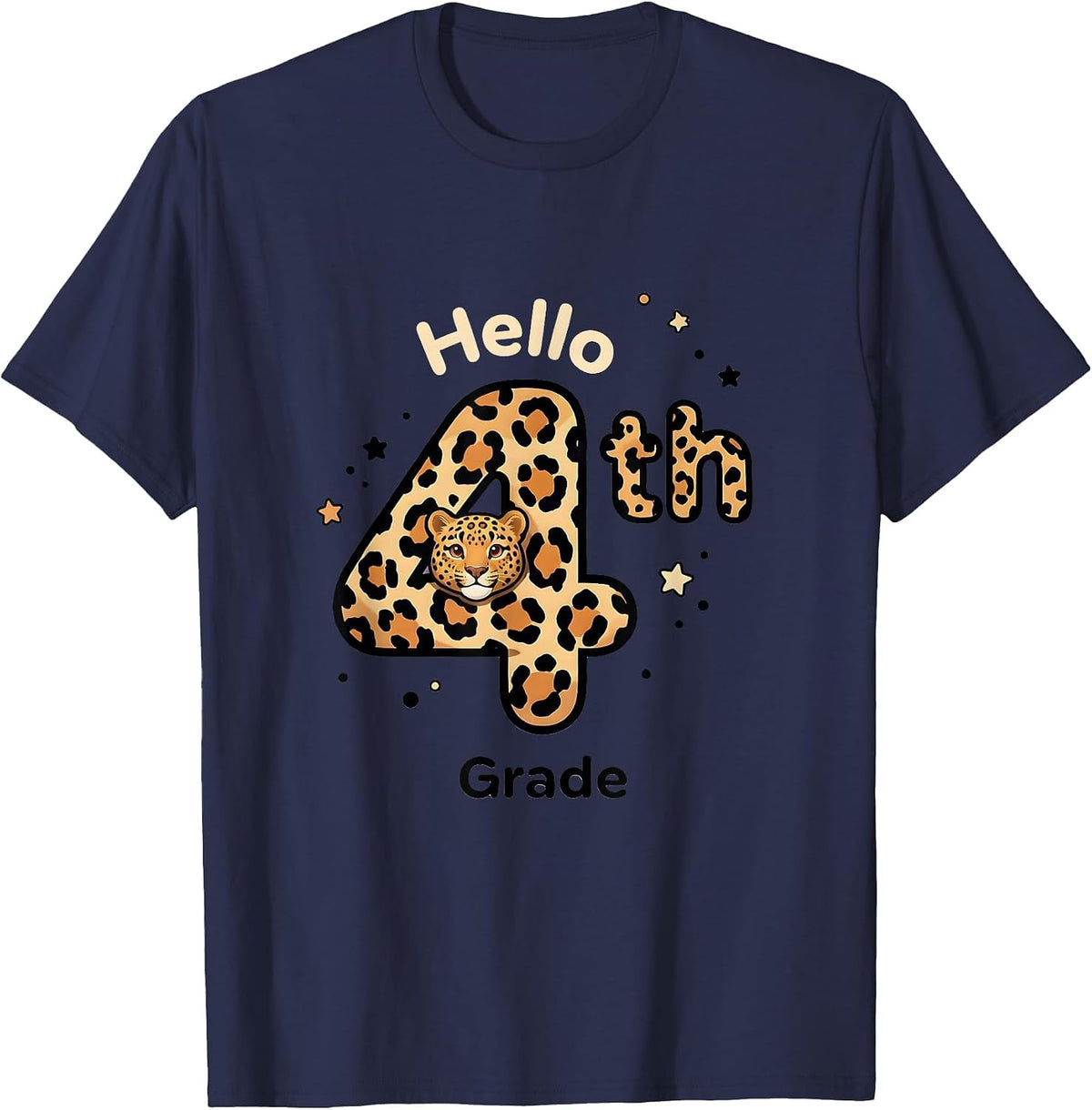 Men's Hello 4th Grade Cute Kawaii Leopard Teacher Student Back T-Shirt - Navy Blue