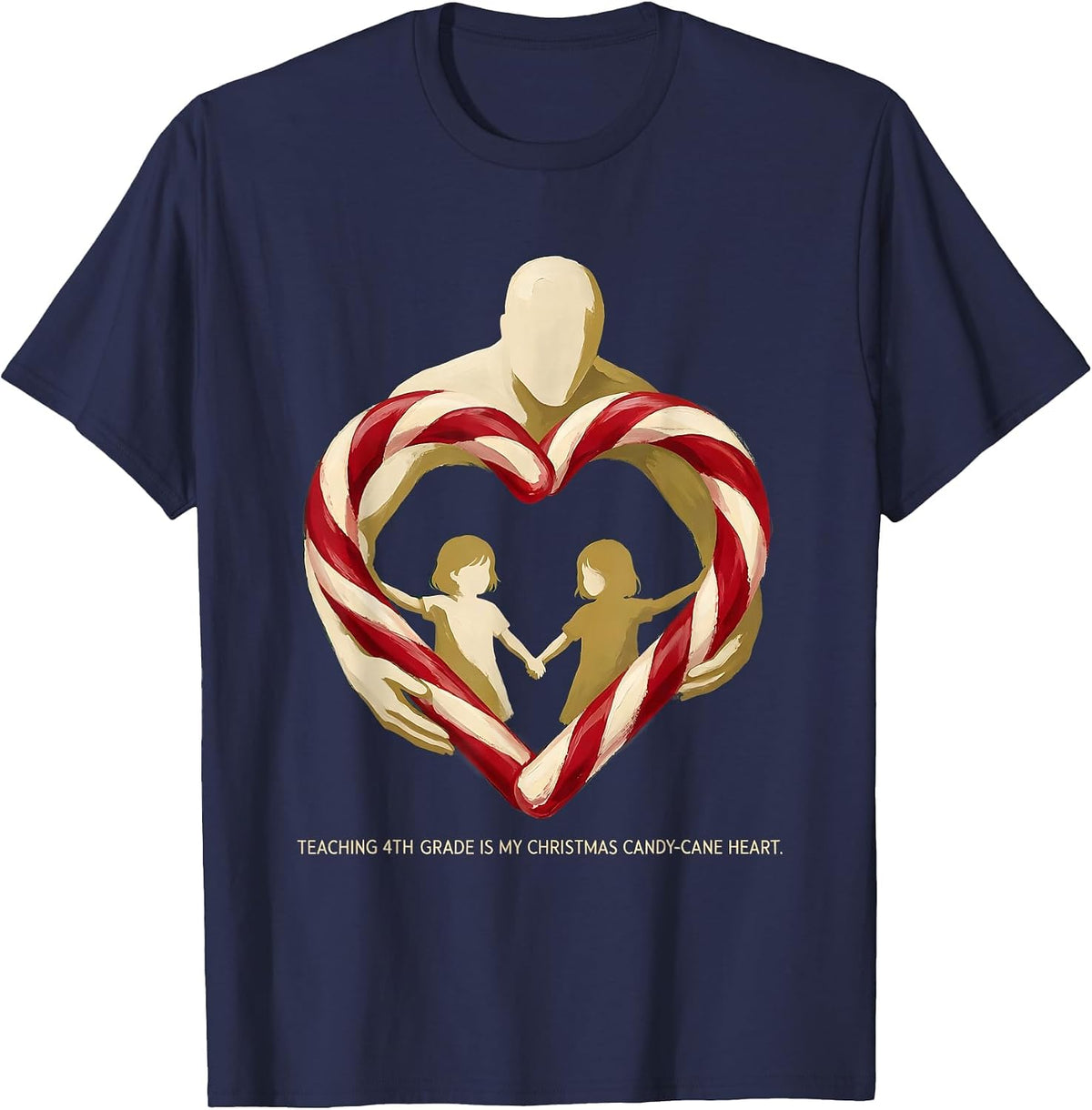 Teaching 4th Grade Is My Christmas Candy-Cane Heart Teacher T-Shirt - Navy Blue