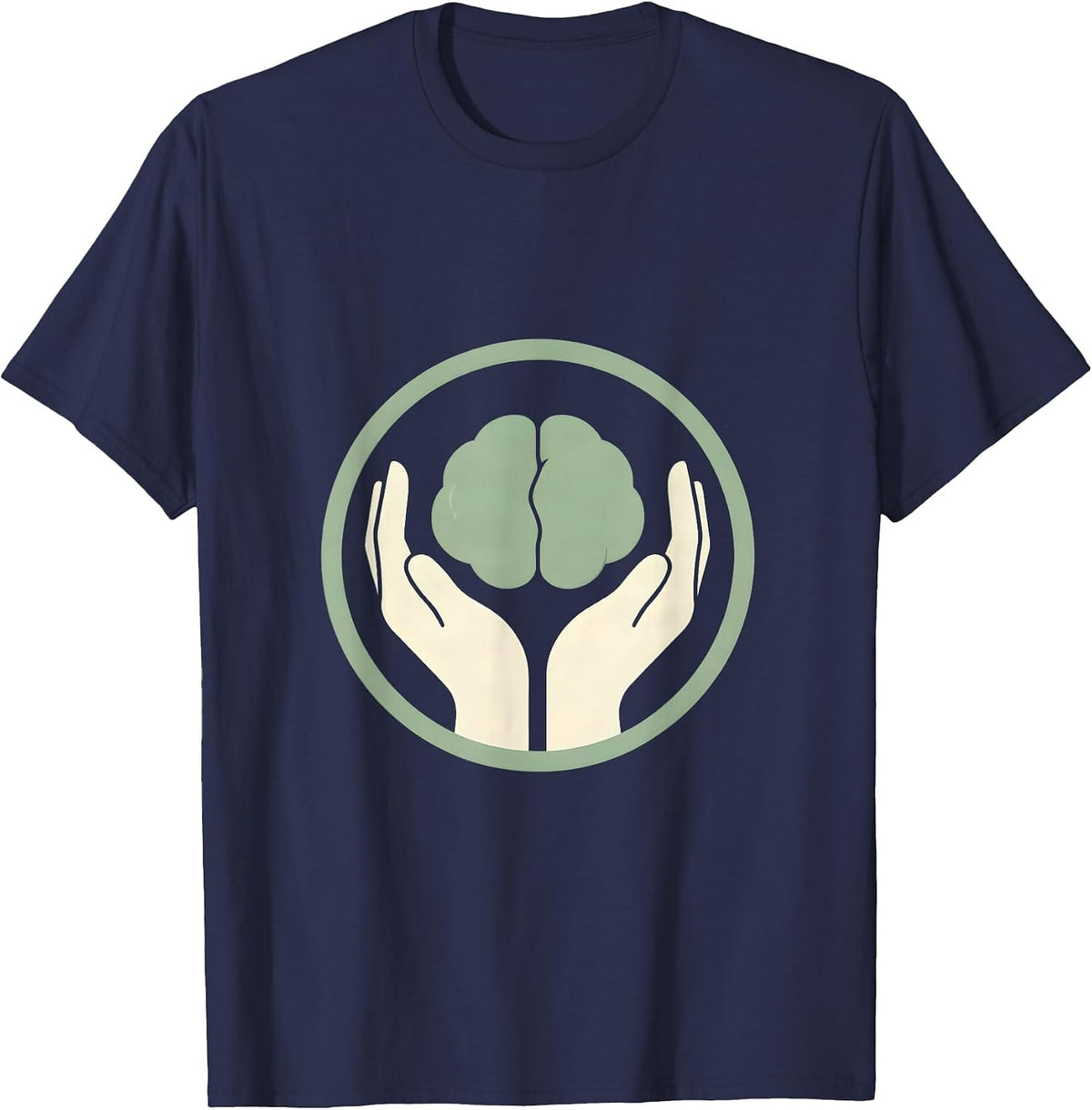 Cupped Hands Glowing Brain Mental Health Design T-Shirt - Navy Blue