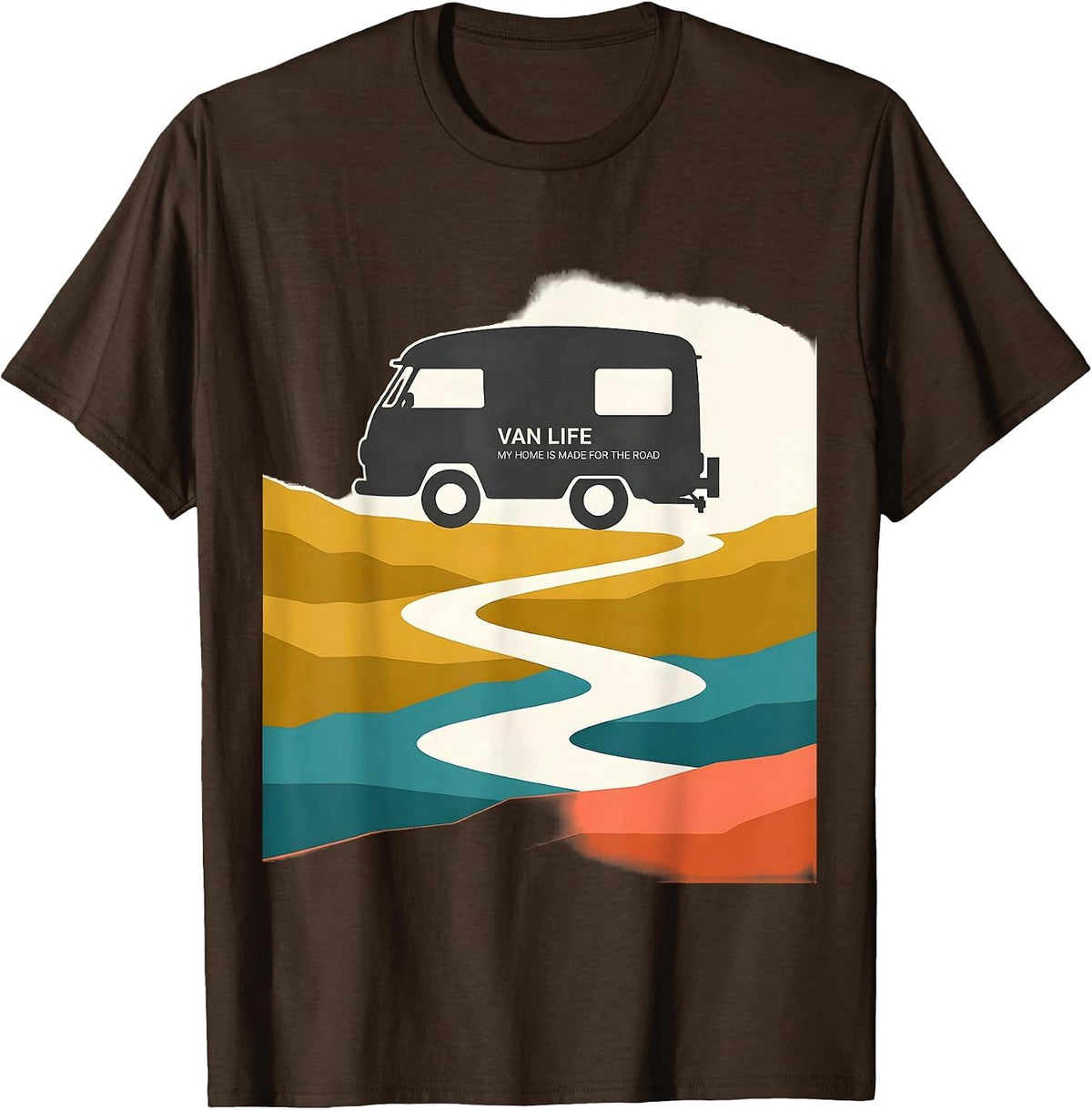 Men's Van Life My Home Is Made For The Road Retro Camper Vanlife T-Shirt - Brown