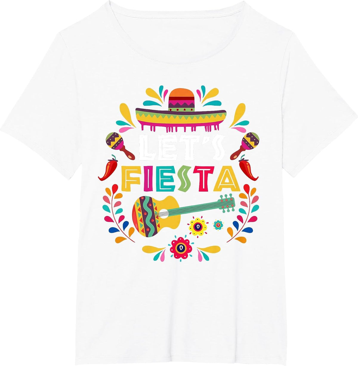 Lets Mexican Fiesta Cinco De Mayo Party Colourful Guitar Fun T-Shirt - White
