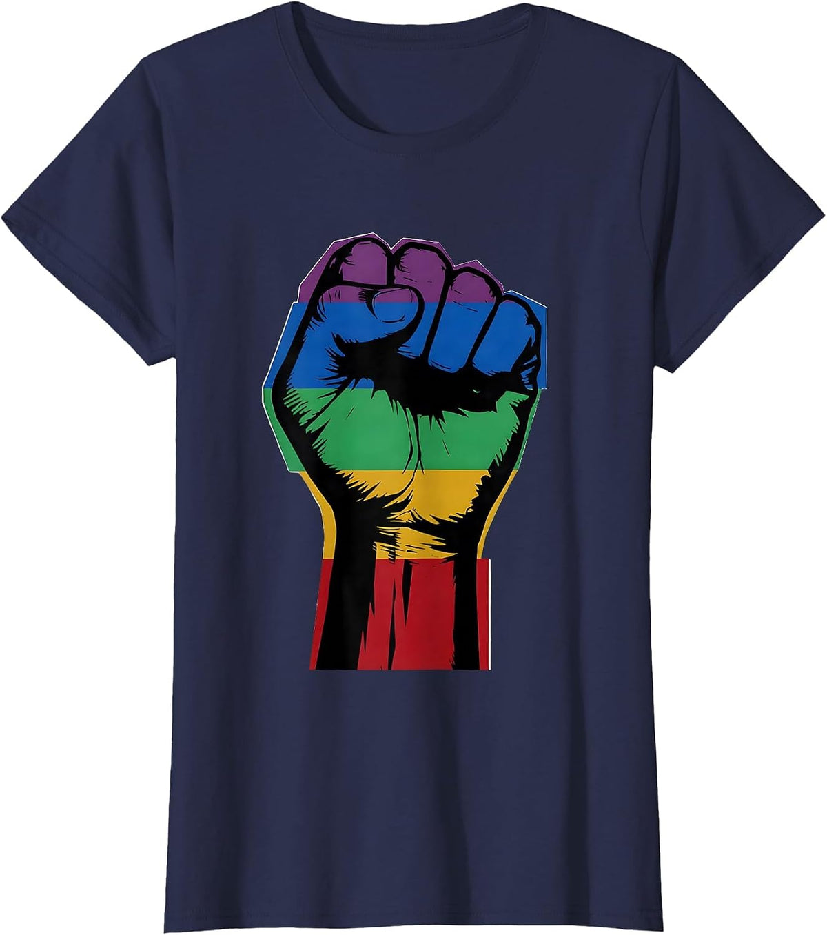 Rainbow Raised Fist Pride and Unity Graphic T-Shirt, Women, Navy Blue, XX-Large - As Pictured