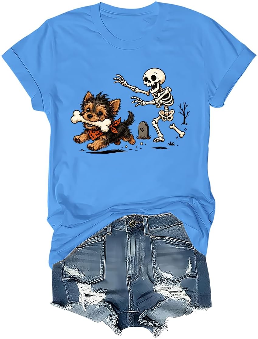 Yorkie Skeleton Shirt, Halloween Yorkie Dog Yorkshire Terrier T-Shirt - Crew Neck Carolina Blue-1