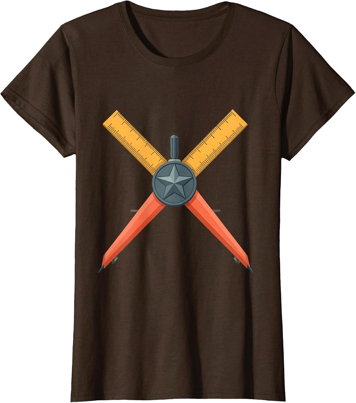Women's 5th Grade Teacher Ruler Compass Crossed Design T-Shirt - Brown