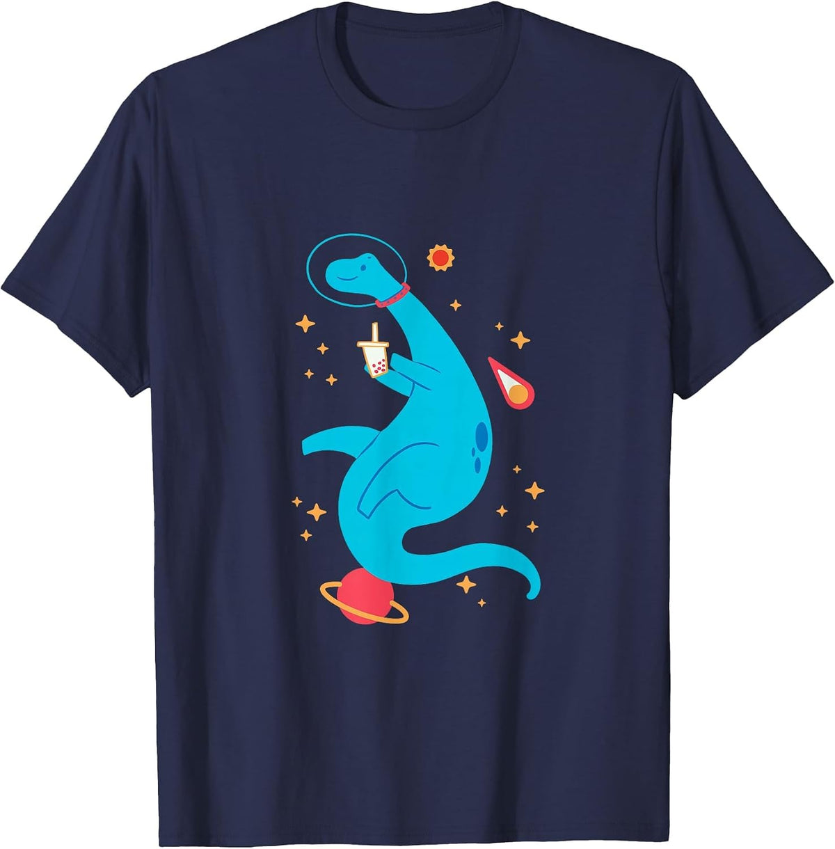 Cute Brontosaurus Astronaut Space Dinosaur T-Shirt - Navy Blue