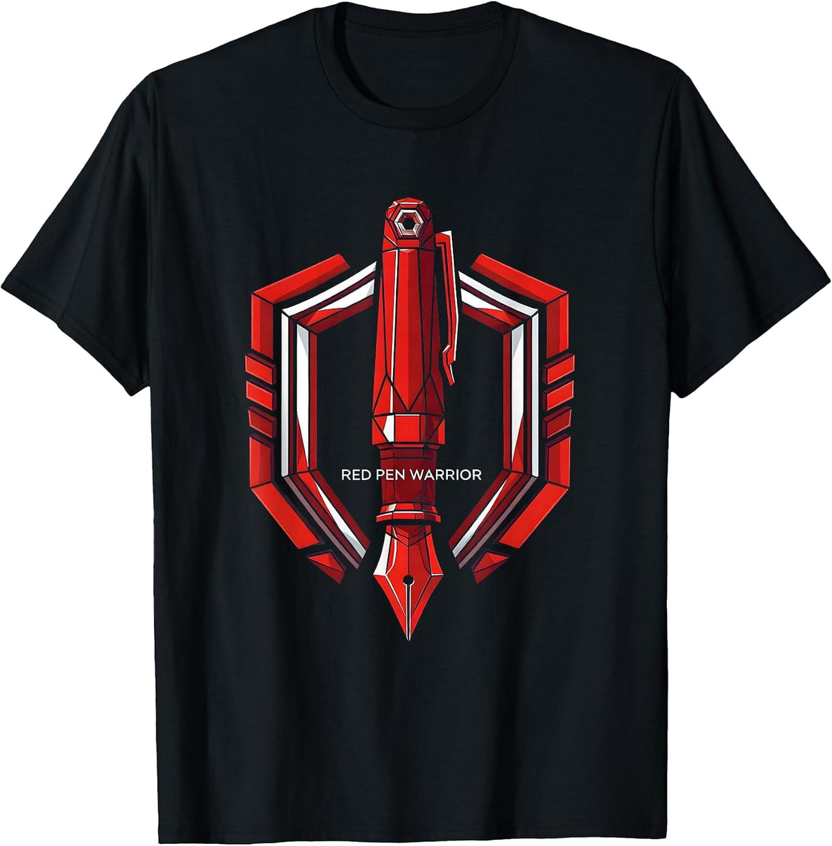 Men's Red Pen Warrior Teacher Graphic Design T-Shirt - Black
