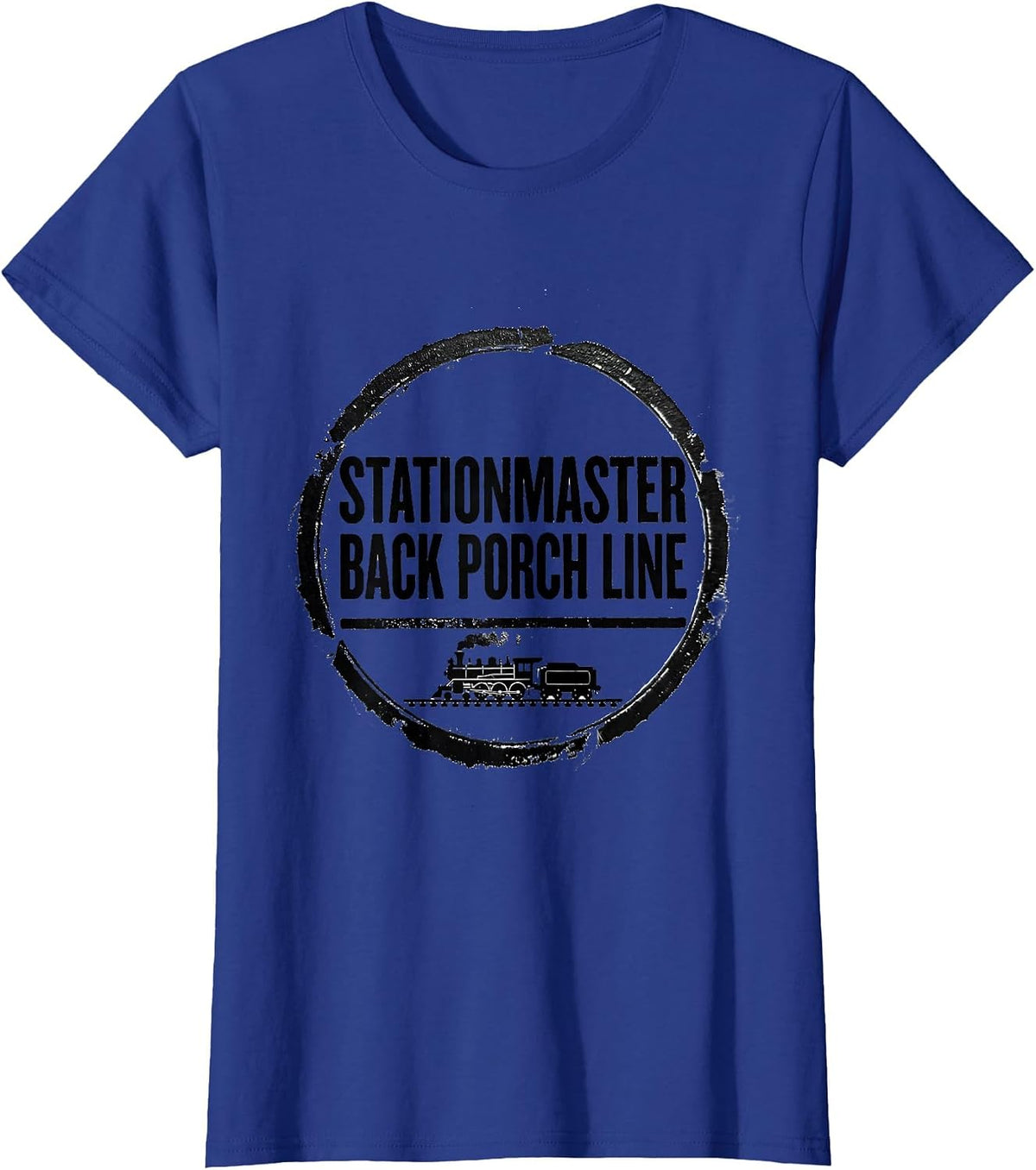 Women's Stationmaster Back Porch Line Vintage Steam Train Enthusiast T-Shirt - Royal Blue