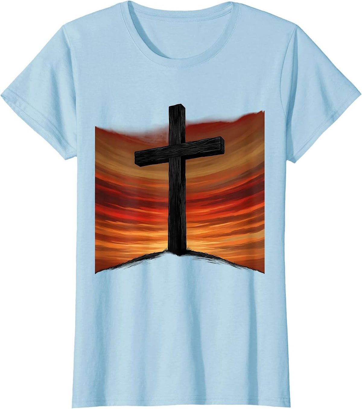 Cross Silhouette Blood Red Sunset Sky Jesus T-Shirt - Baby Blue