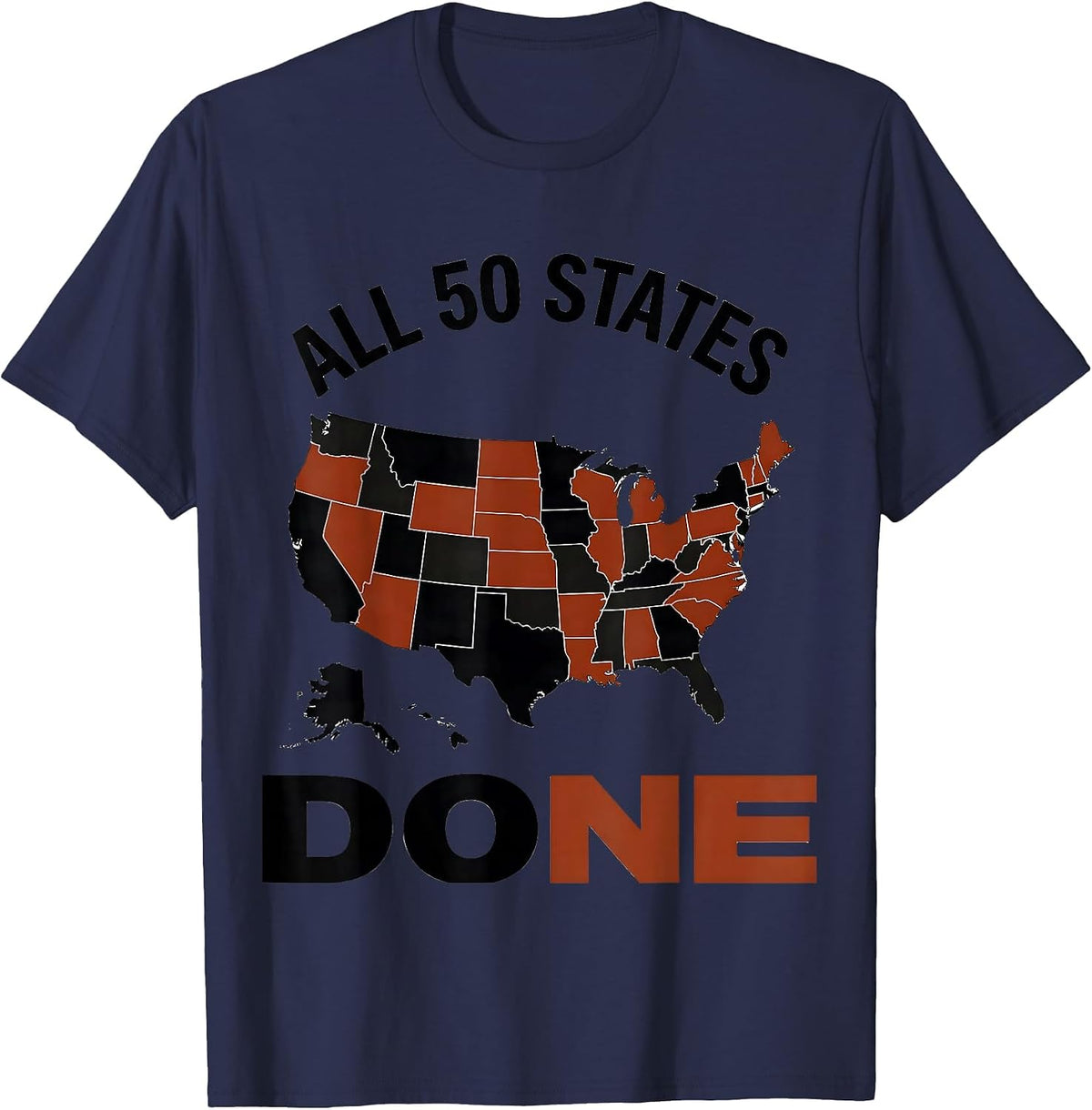 All 50 States, Done USA Travel Map Road Trip Souvenir T-Shirt - Navy Blue
