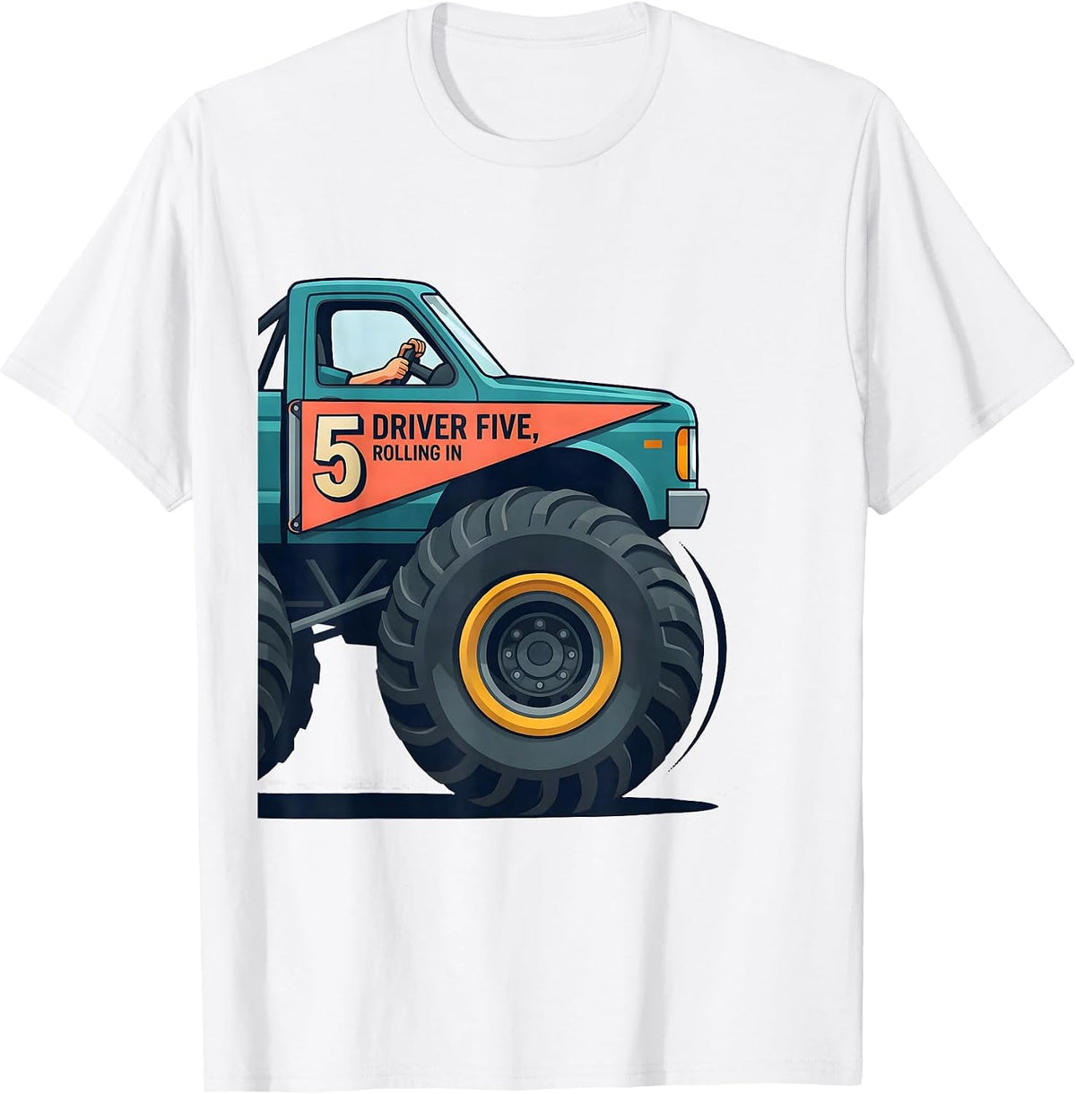 Men's Driver Five Rolling In Flat Vector Monster Truck Birthday T-Shirt - White