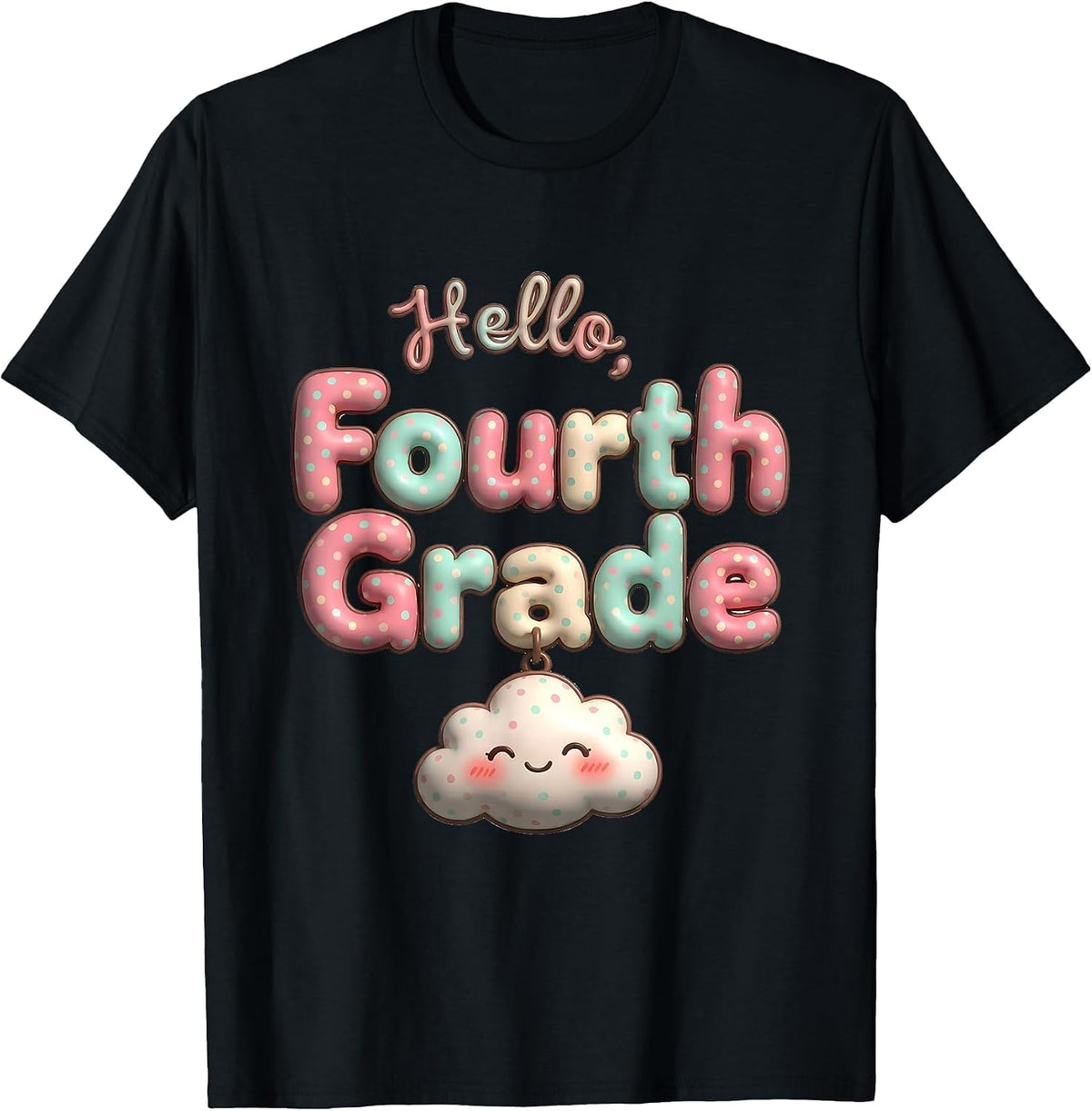 Men's Hello, Fourth Grade Cute Kawaii Preppy Teacher Back T-Shirt - Black
