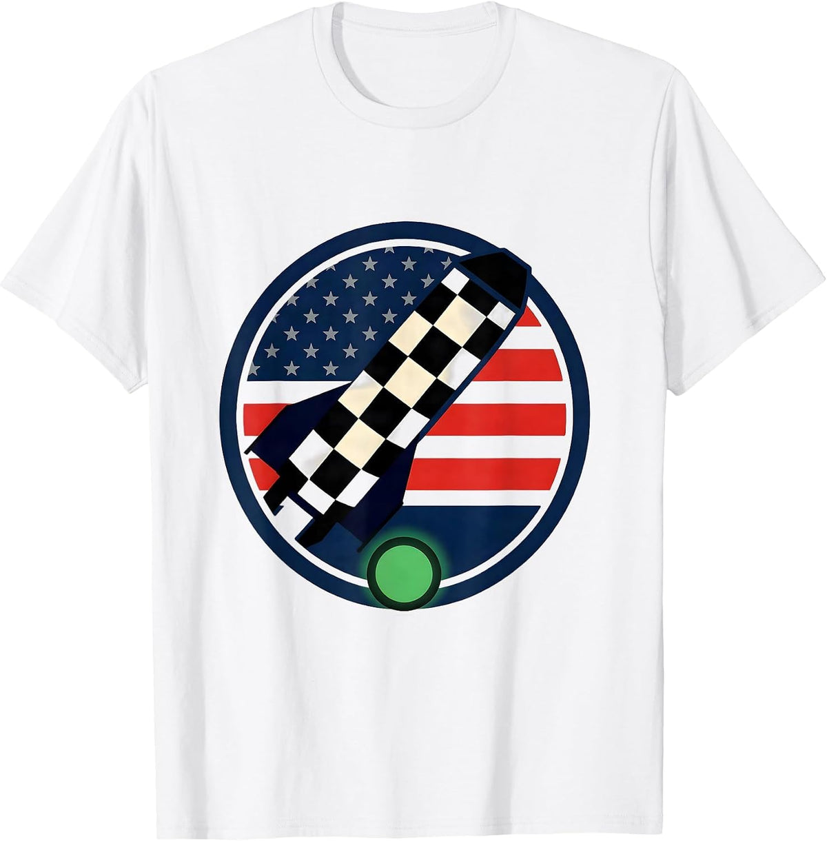 Men's Checkered Flag Racing Badge American Flag Drag Racer T-Shirt - White