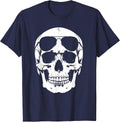 Skull Aviator Sunglasses Rock and Roll Graphic T-Shirt - Navy Blue