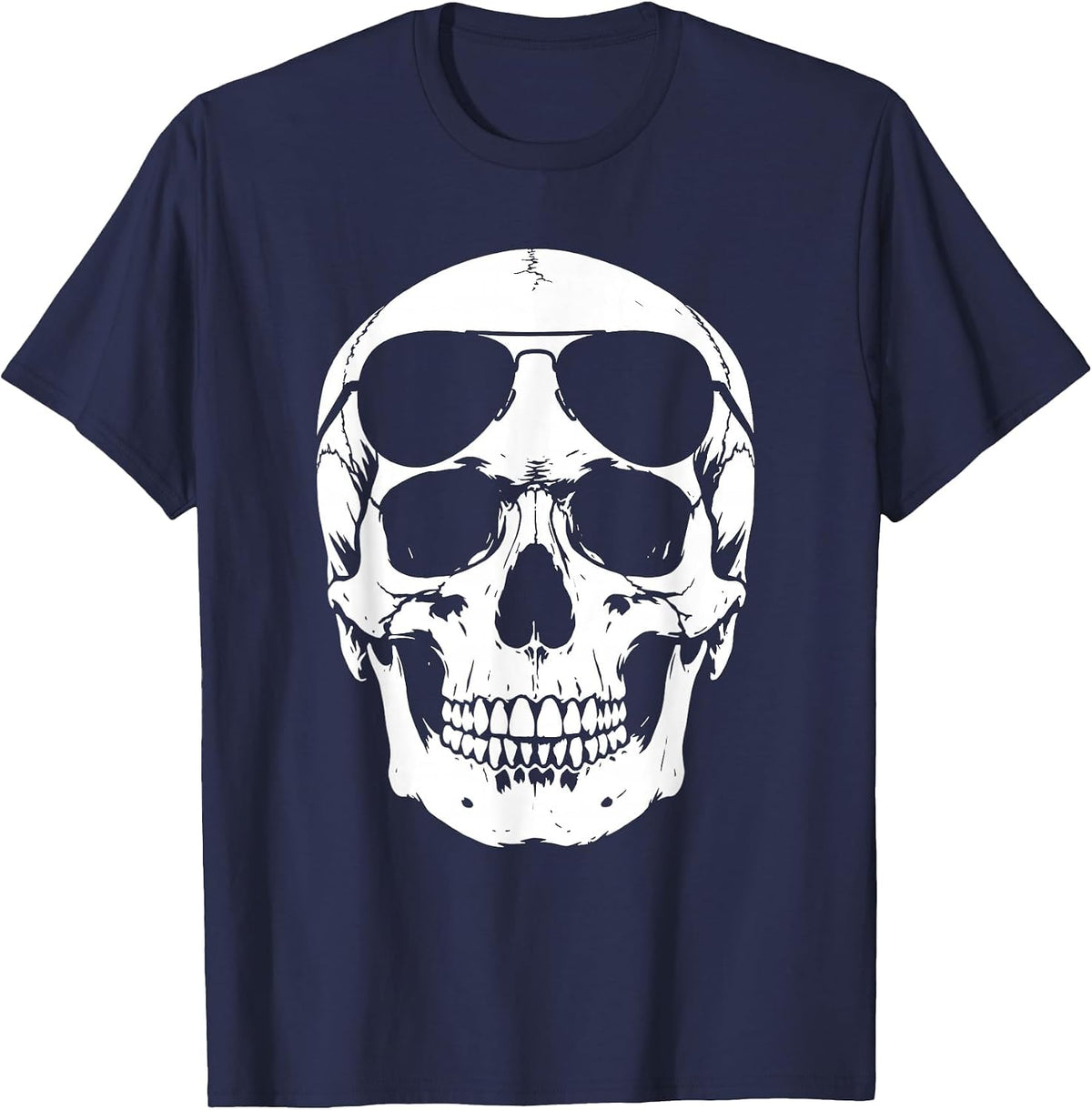 Skull Aviator Sunglasses Rock and Roll Graphic T-Shirt - Navy Blue