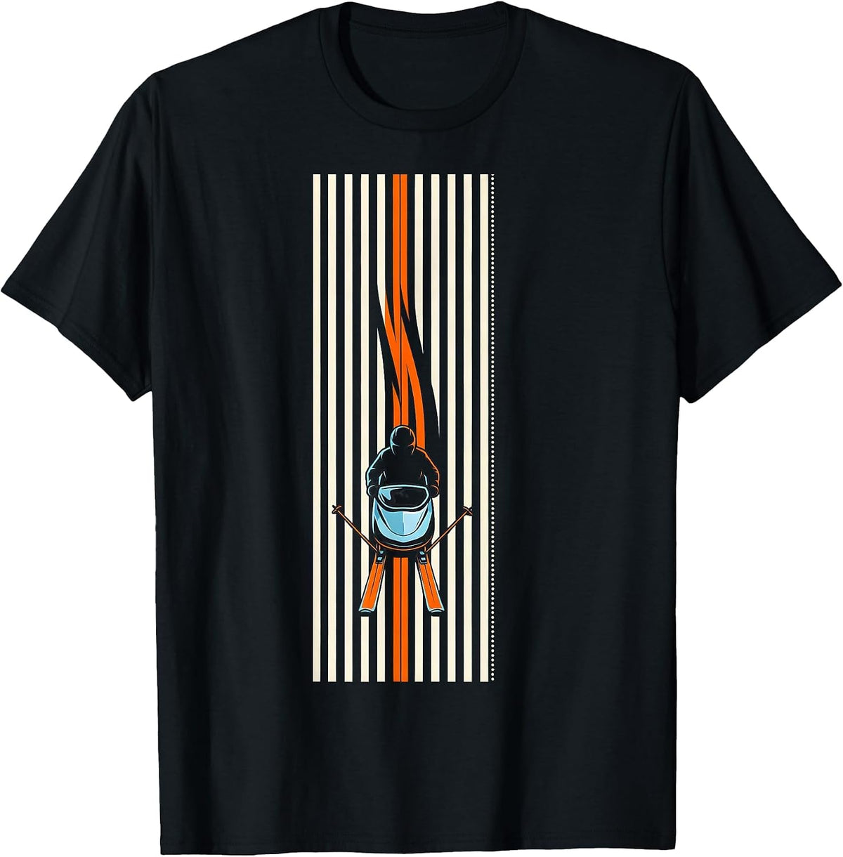 Men's Compact Vertical Stripe Snowmobile Rider Winter Humor T-Shirt - Black