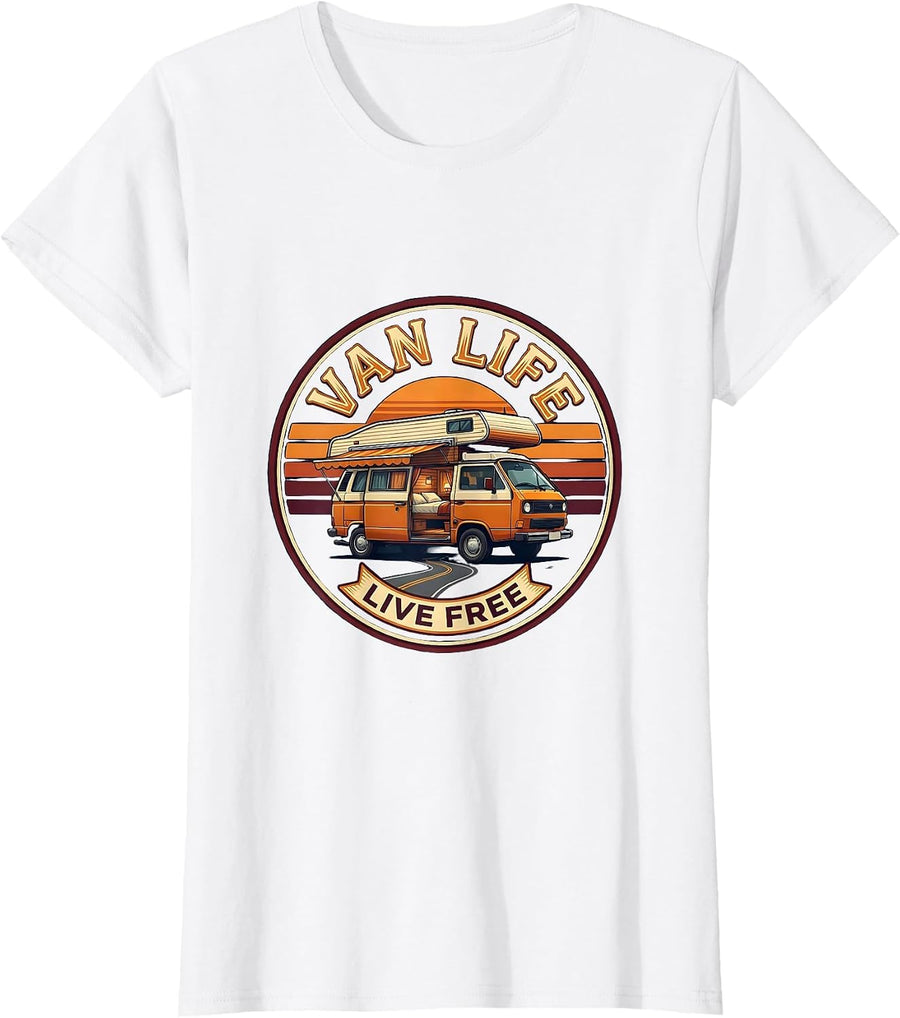 Women's Van Life Live Free Retro Van Dwellers Nomads Casual Wear T-Shirt - White