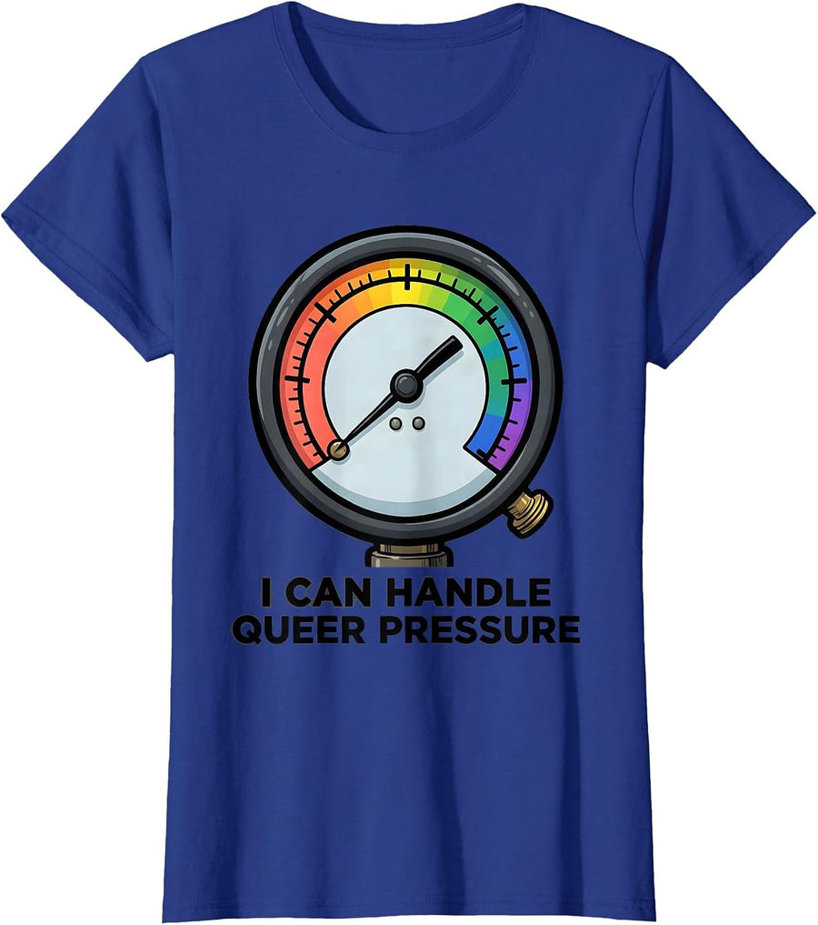 Women's I Can Handle Queer Pressure Funny LGBTQ Pride Ally Cartoon T-Shirt - Royal Blue