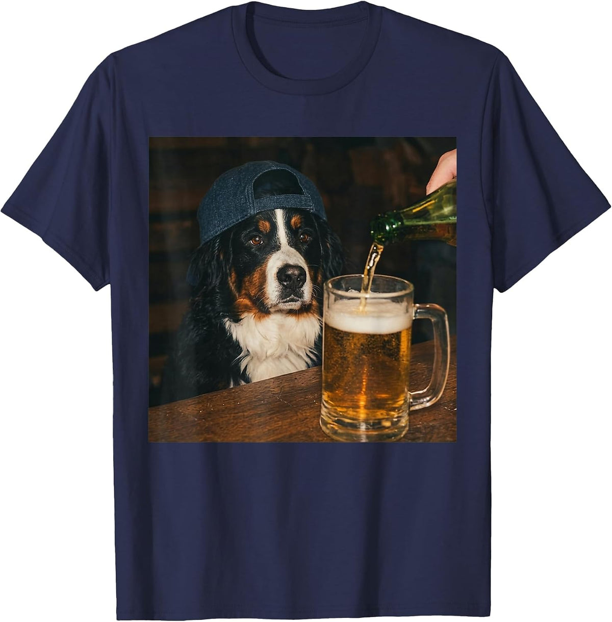 Bernese Mountain Dog Drinking Beer Funny Dog Meme T-Shirt - Navy Blue