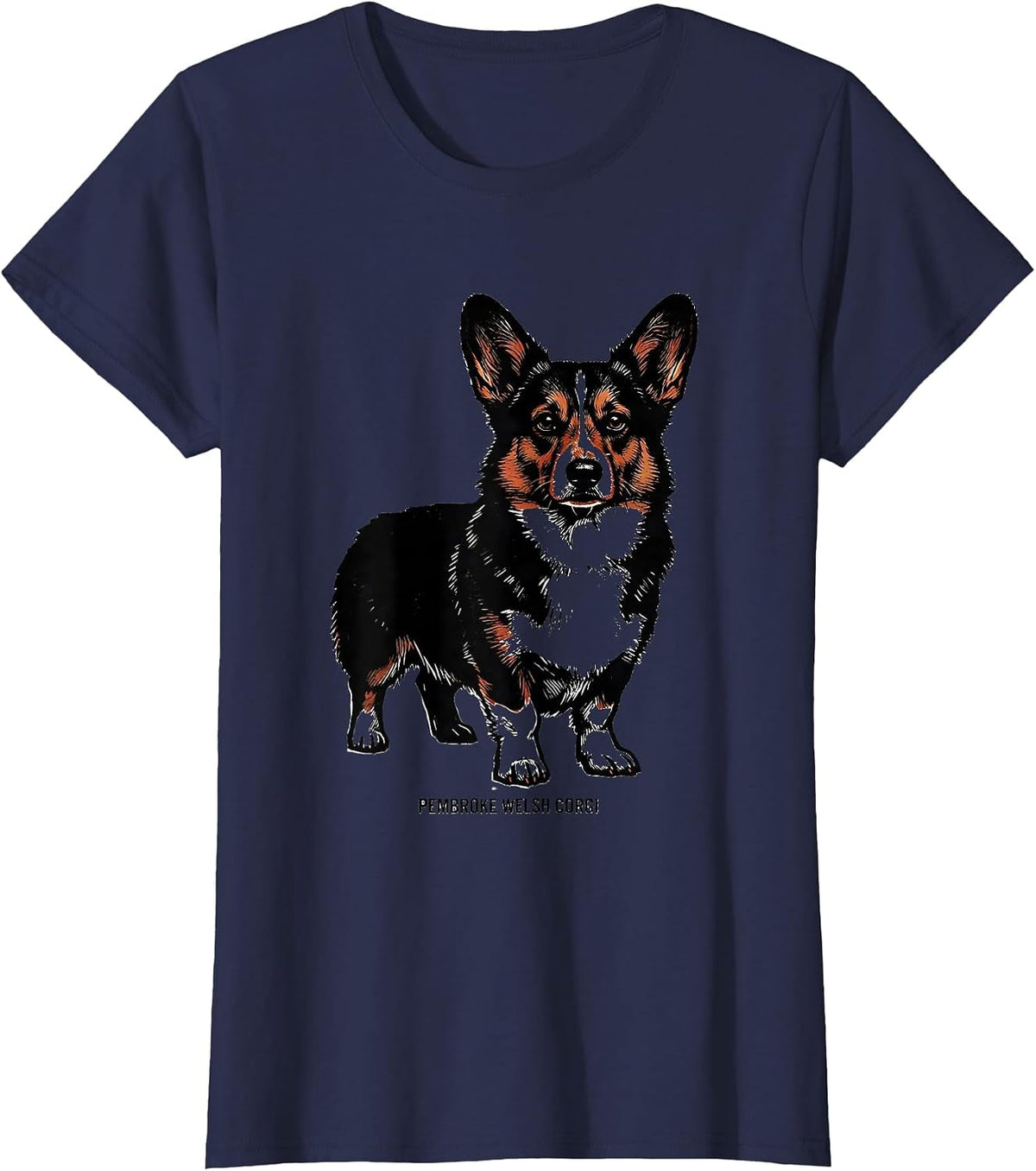 Women's Pembroke Welsh Corgi Minimalist Badge Patch Line Art T-Shirt - Navy Blue