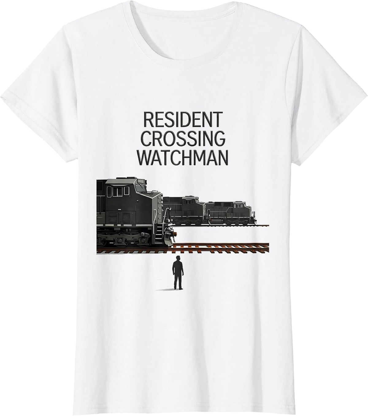 Women's Resident Crossing Watchman Minimalist Train Enthusiast Humor T-Shirt - White