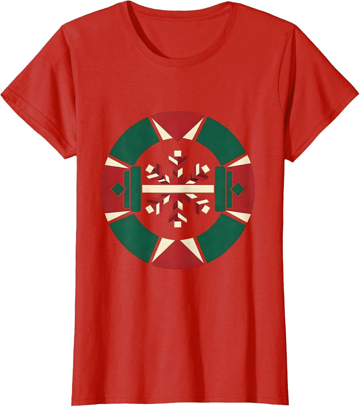 Quilted Barbell Snowflake Gym Humor Christmas Fitness Gift T-Shirt - Red