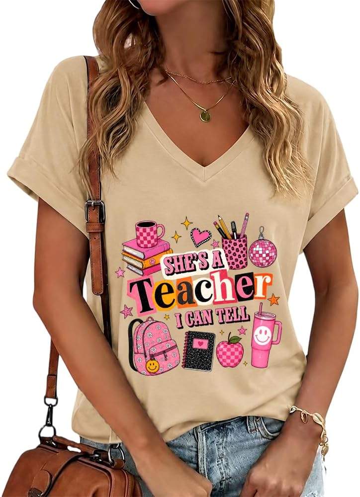 She’s A Teacher I Can Tell Shirt Funny School Teachers T-Shirt - V-Neck Khaki