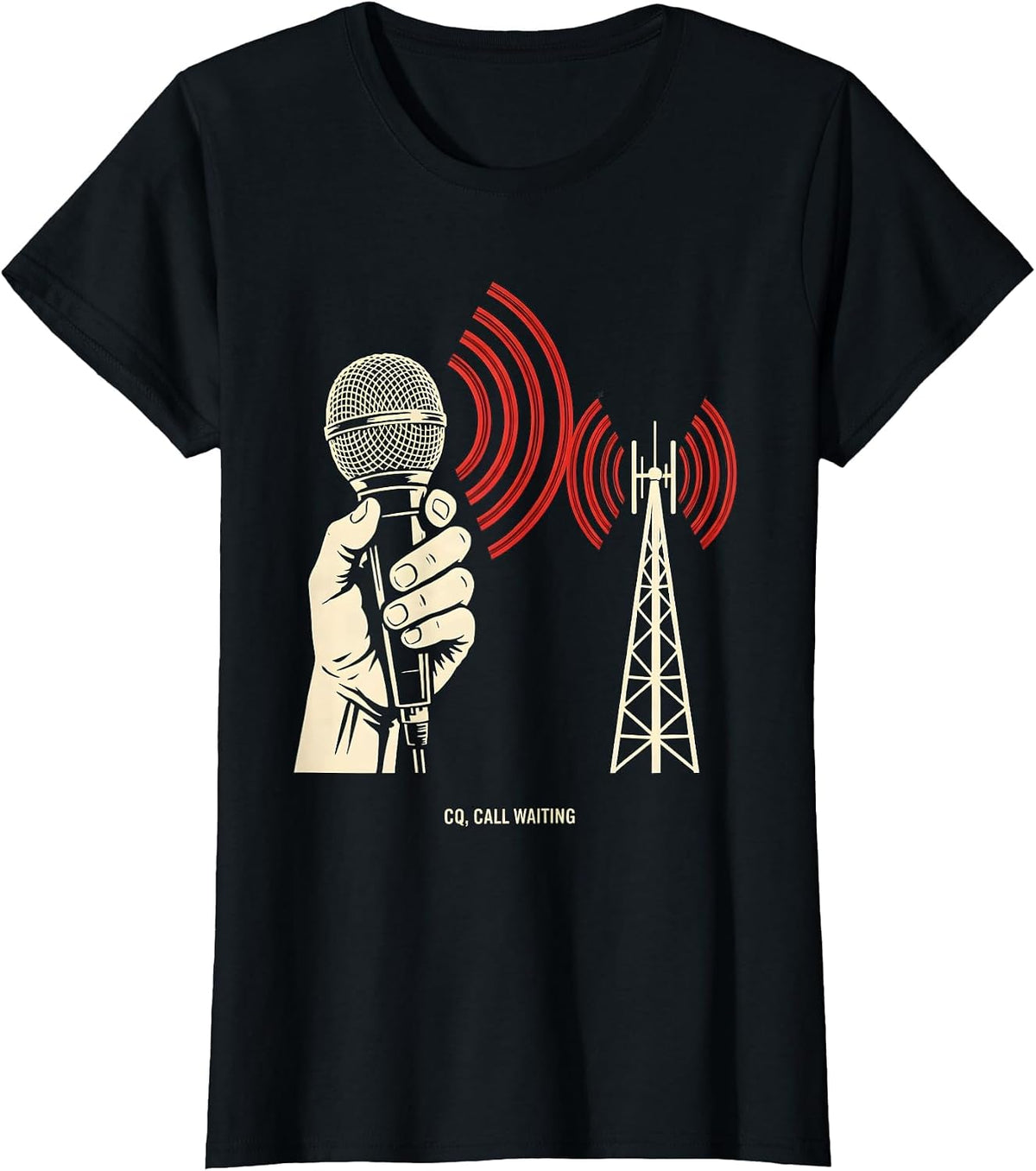 Women's CQ Call Waiting Stencil Graphic Ham Radio Operator Humor T-Shirt - Black