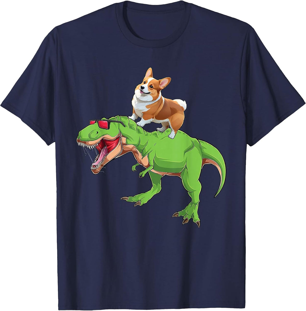 Corgi Riding Dinosaur T Rex Dog Funny Corgi Space Kids Boys T-Shirt - Navy Blue