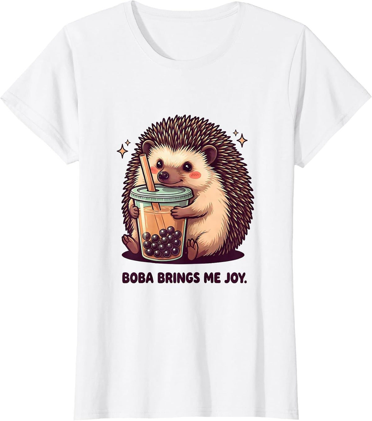 Women's Boba Brings Me Joy Cute Kawaii Hedgehog Boba Tea Lover T-Shirt - White