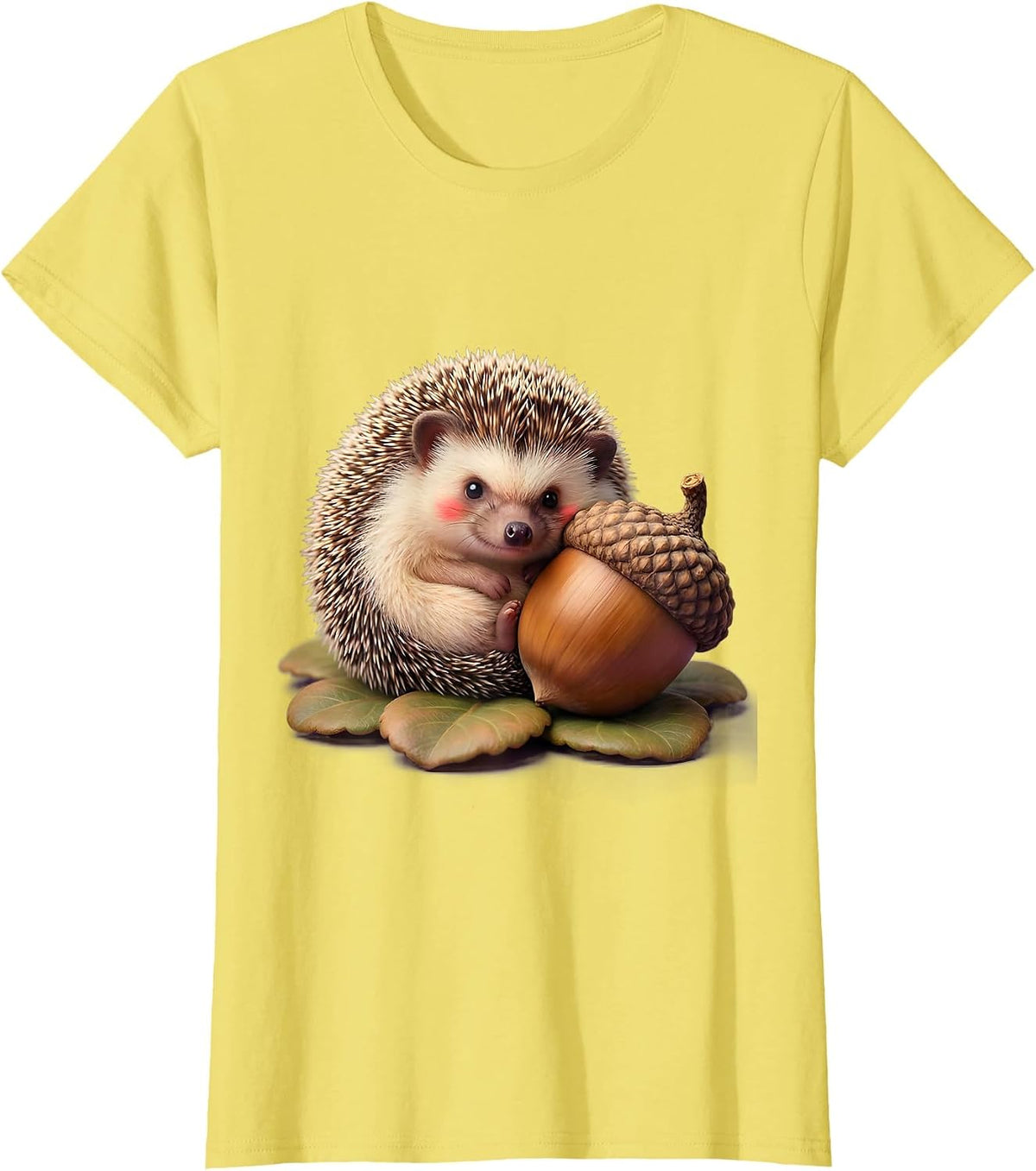 Women's Kawaii Hedgehog and Acorn Cute Forest Design T-Shirt - Lemon Yellow