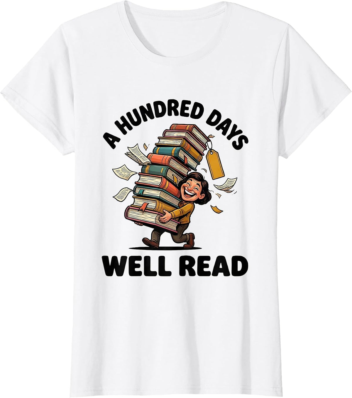 Women's A Hundred Days Well Read Cartoon Reading Teacher Librarian T-Shirt - White