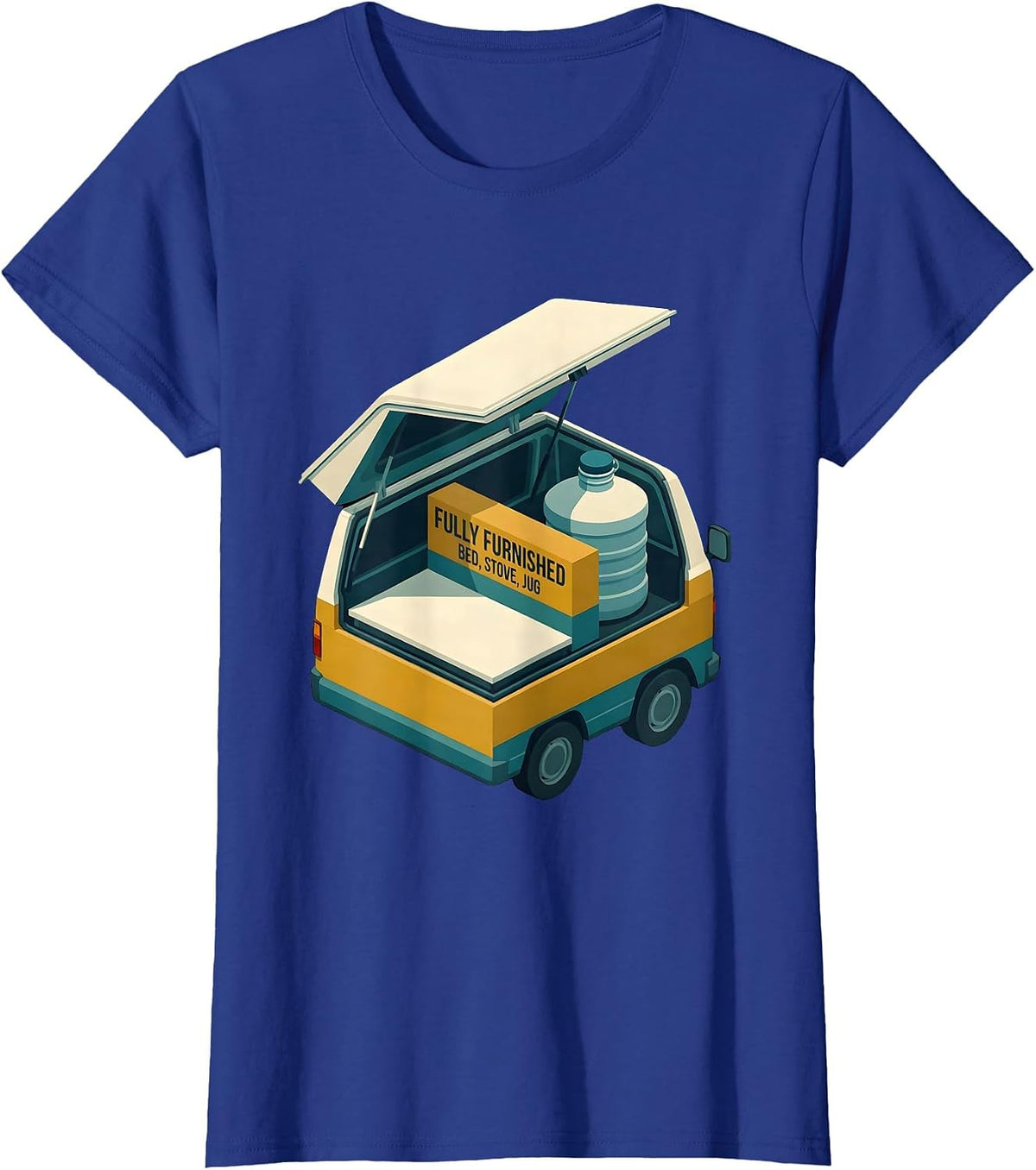 Women's Fully Furnished: Bed, Stove, Jug Retro Van Life Camper Van T-Shirt - Royal Blue