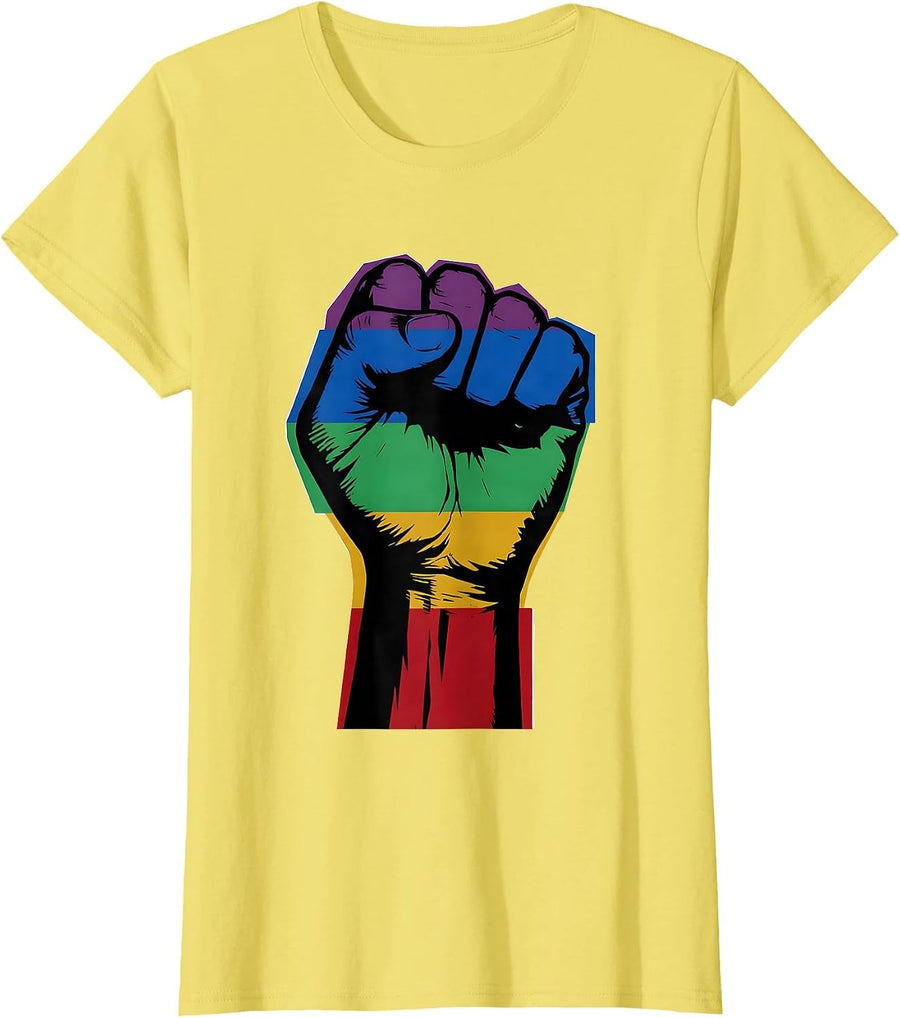 Rainbow Raised Fist Pride and Unity Graphic T-Shirt, Women, Lemon Yellow, XX-Large - As Pictured