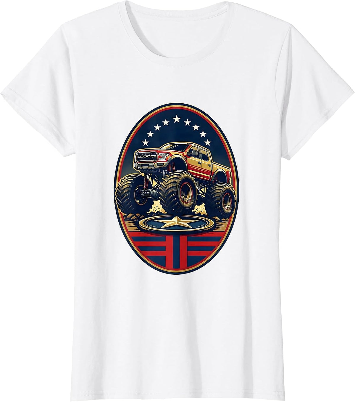 Monster Truck Star Crushing Oval Crest Patriotic Pride T-Shirt - White