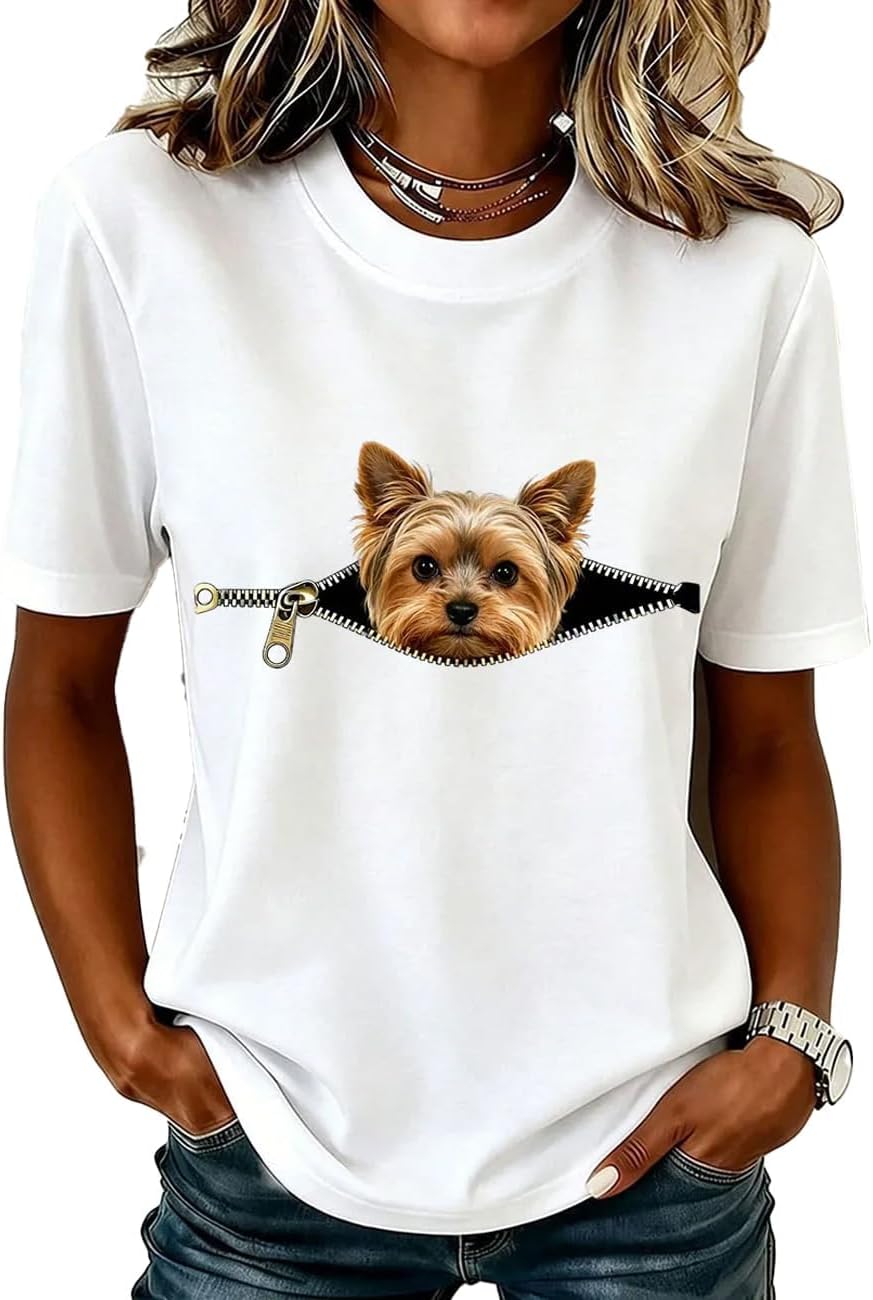 Women's Yorkshire Terrier Zipper Print Funny T-Shirt - White