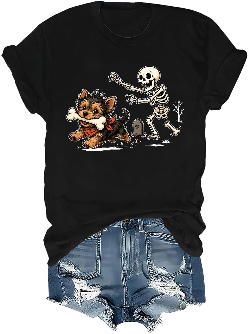 Yorkie Skeleton Shirt, Halloween Yorkie Dog Yorkshire Terrier T-Shirt - Crew Neck Black-1