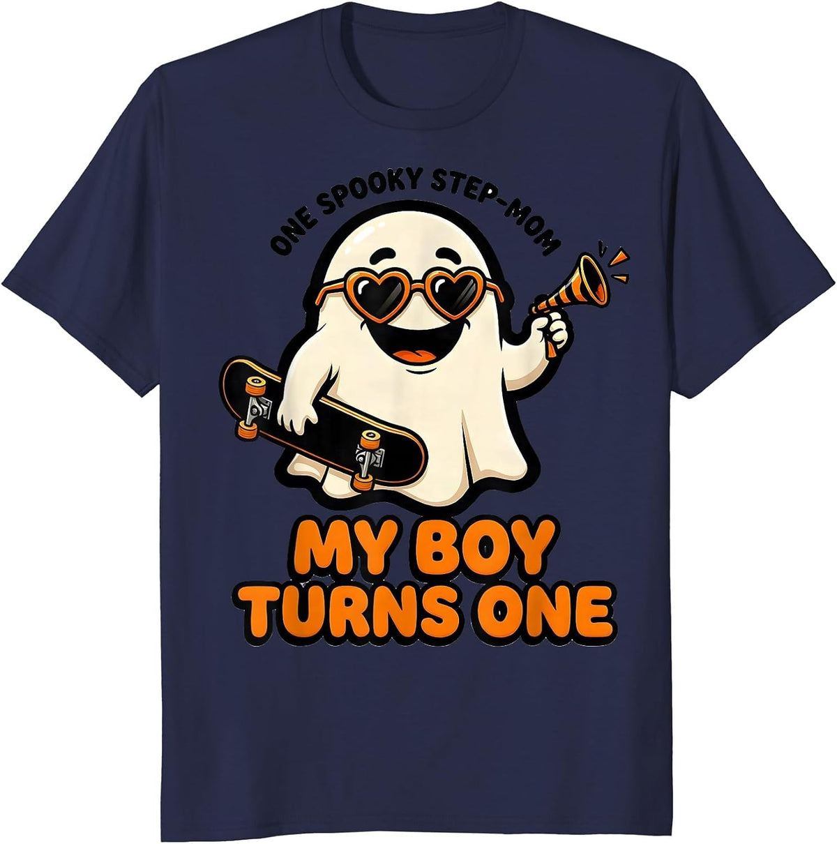One Spooky Step-Mom My Boy Turns One Cartoon Ghost Halloween T-Shirt - Navy Blue